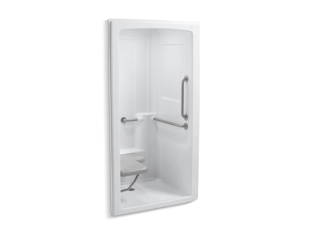 Freewill® 45" x 37-1/4" x 84" one-piece barrier-free transfer commercial shower stall with brushed stainless steel grab bars and left-hand seat