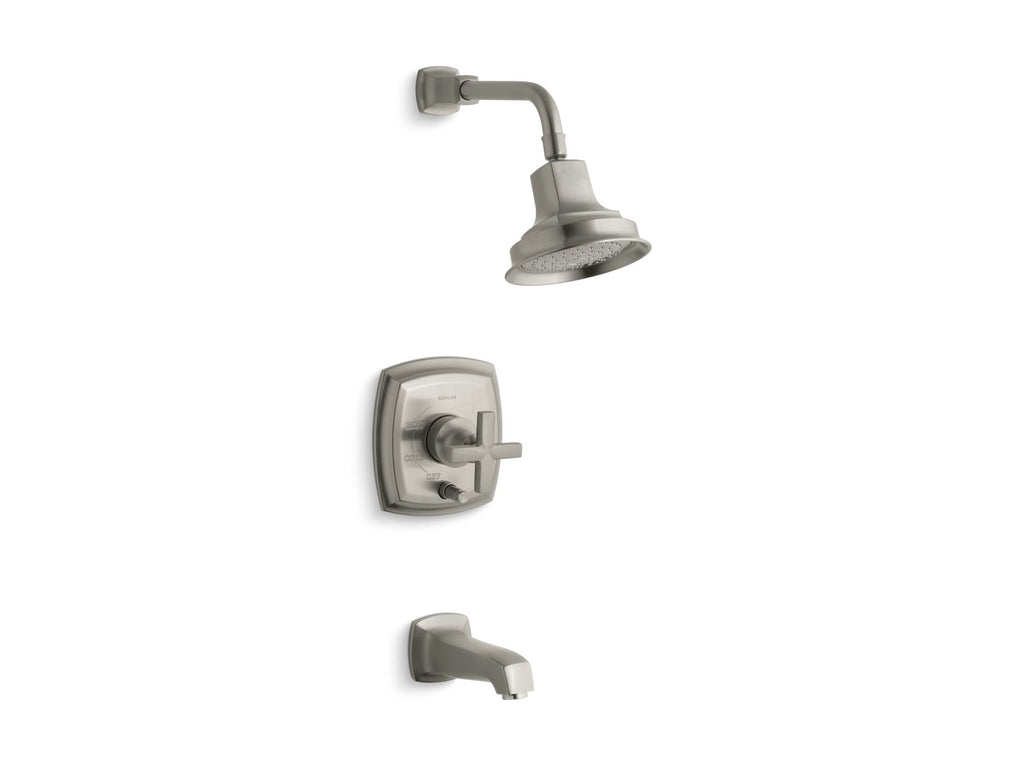 Margaux® Rite-Temp(R) pressure-balancing bath and shower faucet trim with push-button diverter and cross handle, valve not included