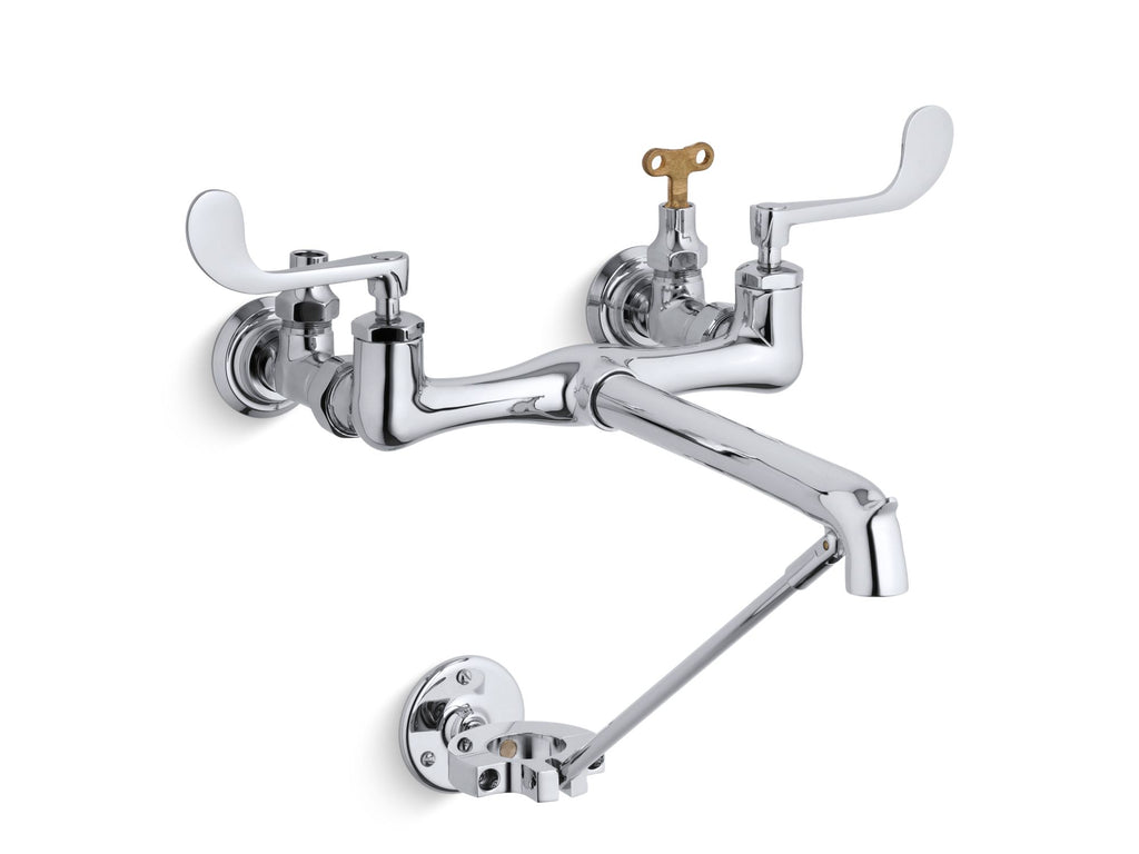 Double wristblade lever handle service sink faucet with loose-key stops and spout with bottom wall brace