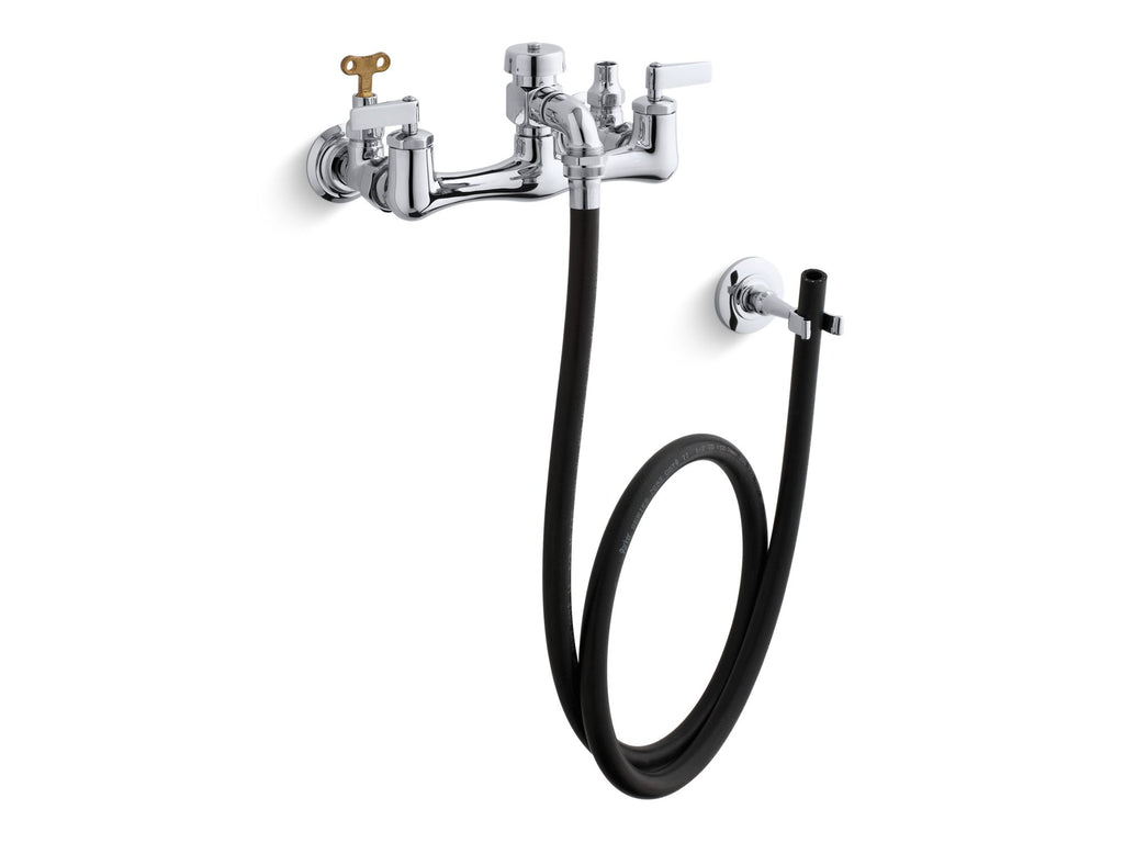 Double lever handle service sink faucet with loose-key stops, rubber hose, wall hook and lever handles