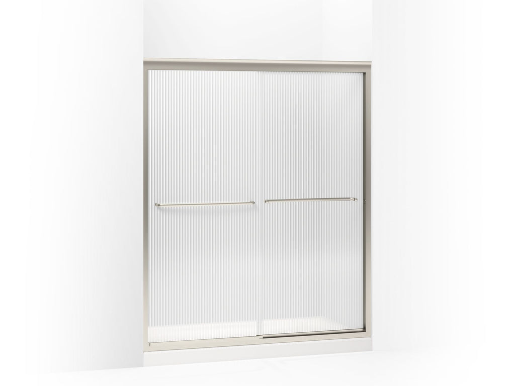 Fluence® Sliding shower door, 70-5/16" H x 56-5/8 - 59-5/8" W, with 1/4" thick Falling Lines glass
