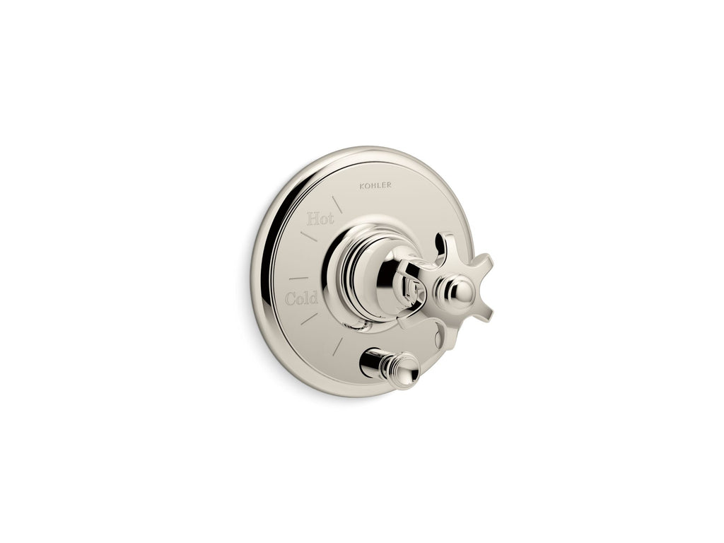 Artifacts® Rite-Temp(R) pressure-balancing valve trim with push-button diverter and prong handle