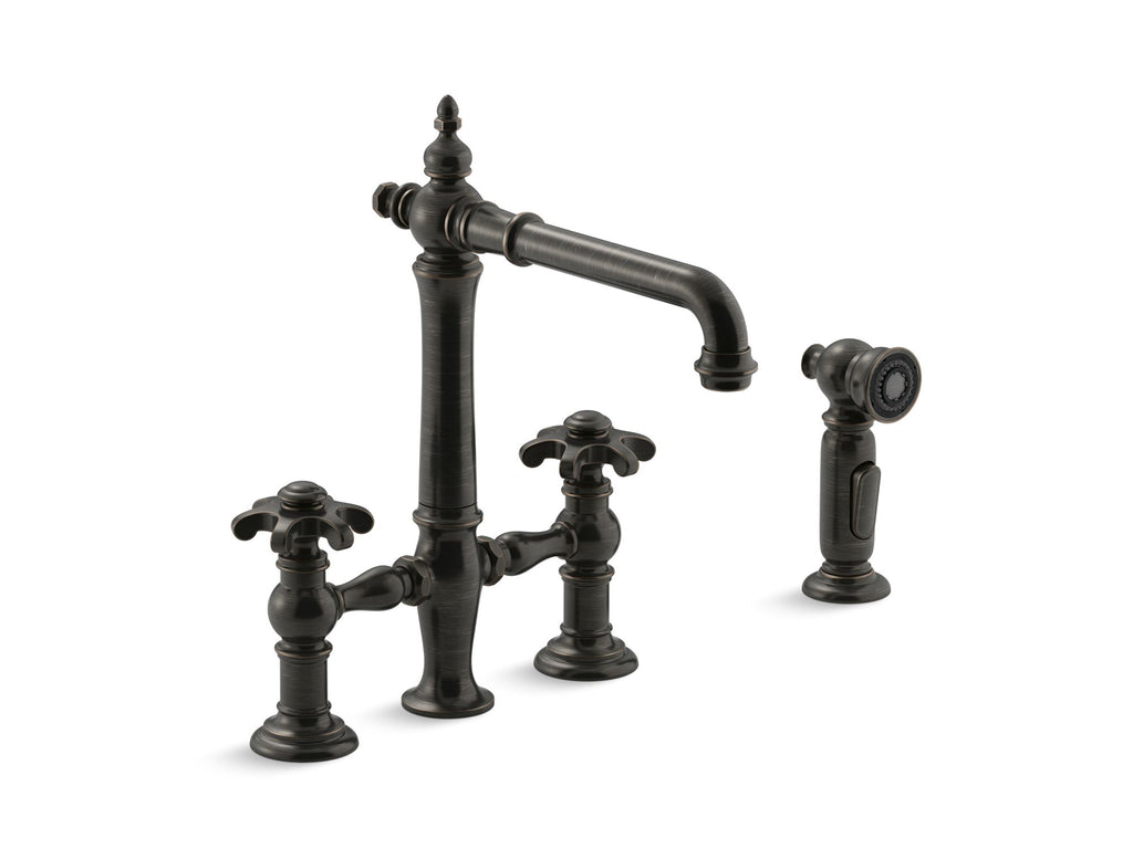 Artifacts® deck-mount bridge kitchen sink faucet with prong handles and sidespray