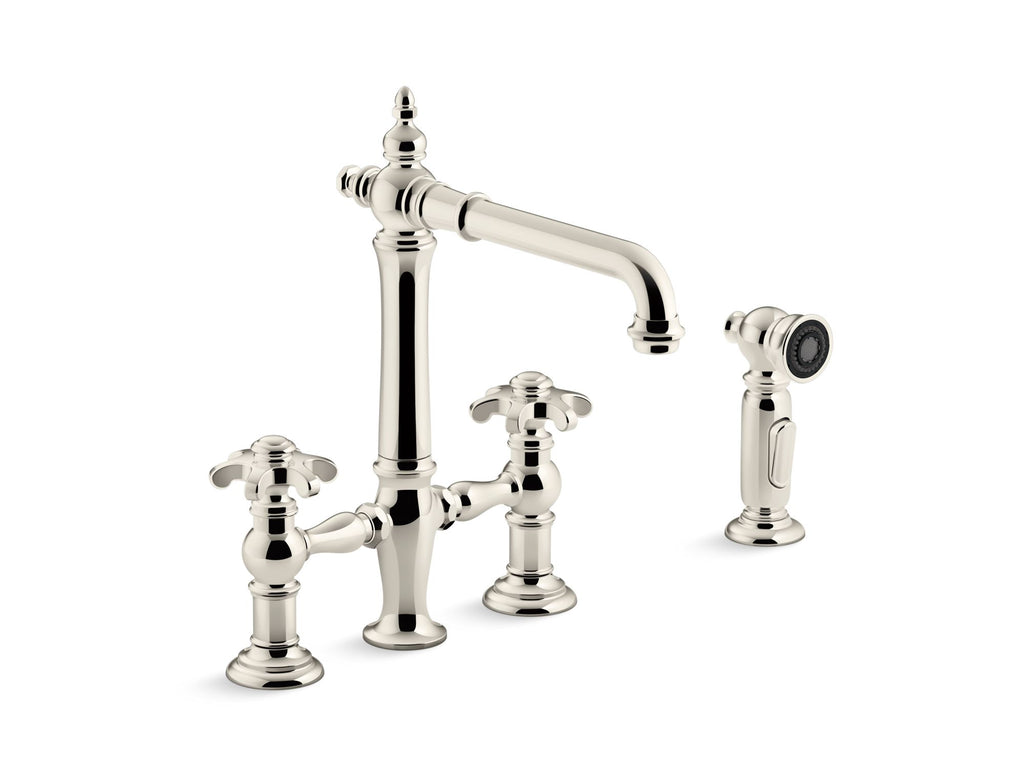 Artifacts® deck-mount bridge kitchen sink faucet with prong handles and sidespray