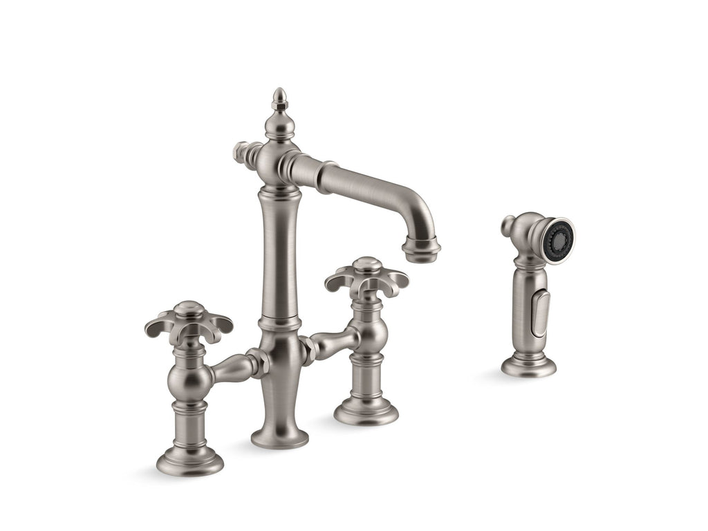 Artifacts® deck-mount bridge bar sink faucet with prong handles and sidespray